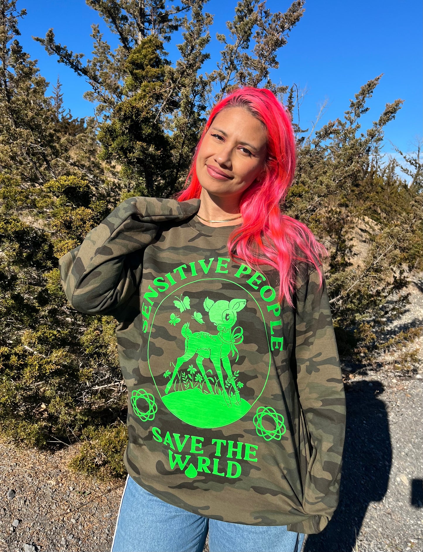 Sensitive People Save The World Camo Crewneck Sweatshirt