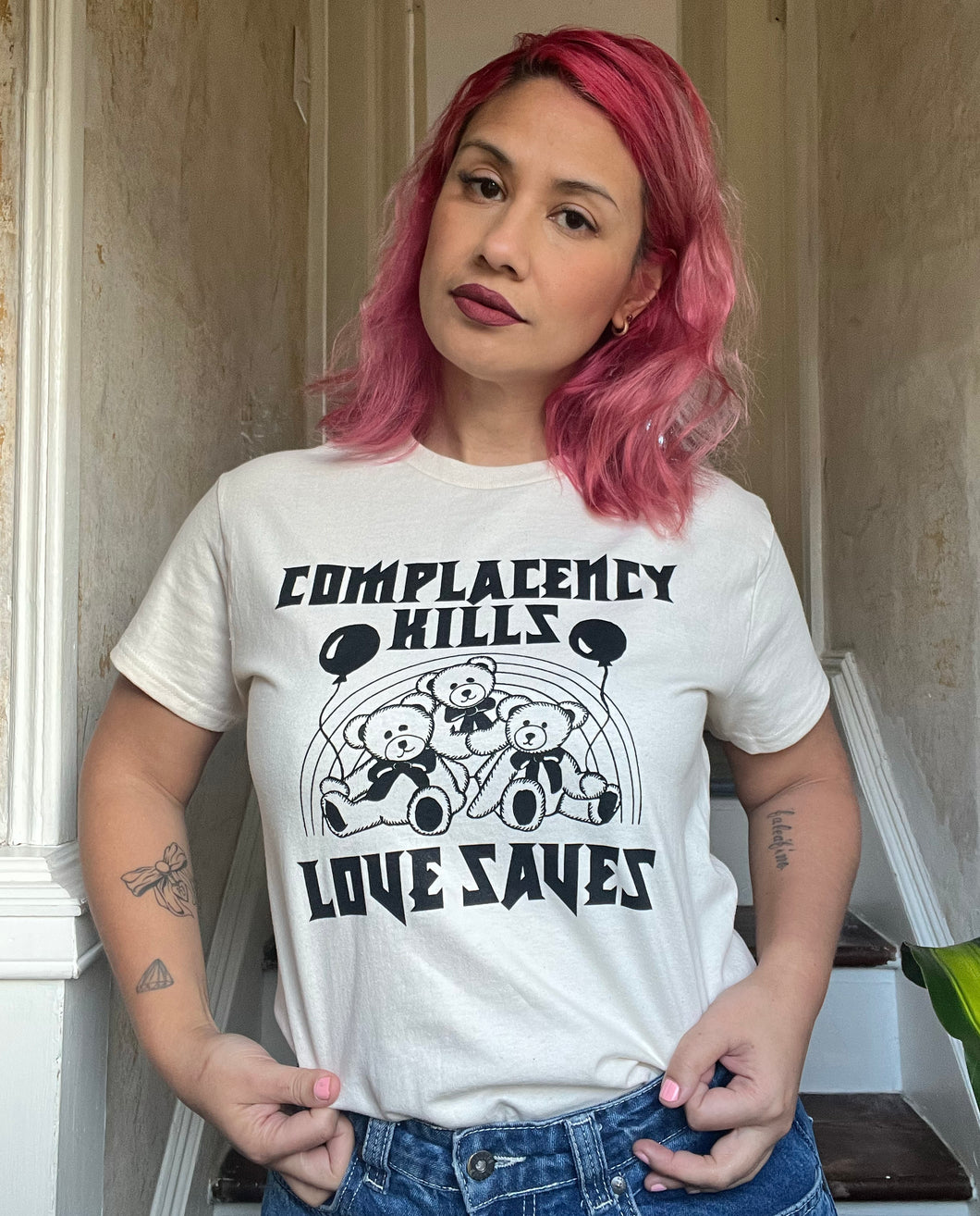 Complacency Kills/Love Saves T-Shirt (Cream)